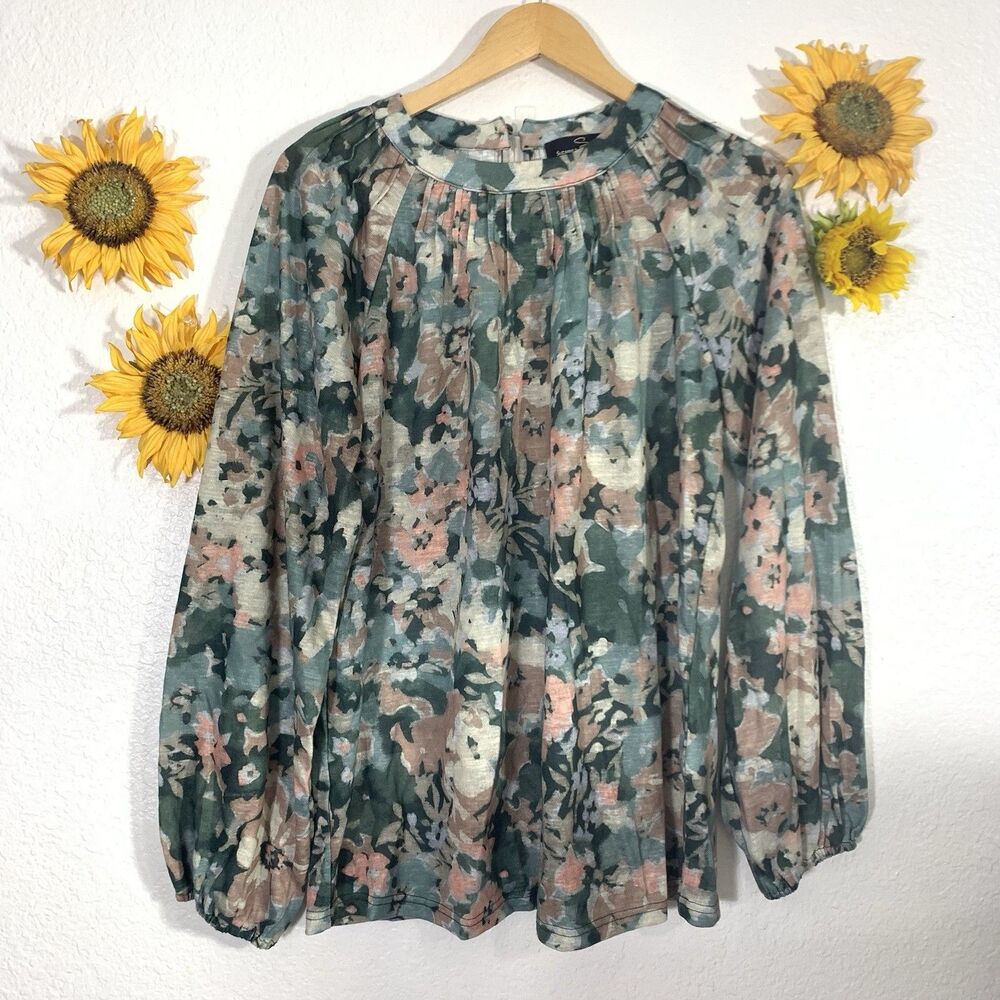 Suzanne Betro Colorful Floral Abstract Blouse Women’s Bishop Sleeve Size Medium